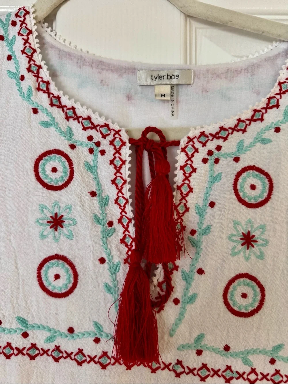 Tyler Boe White Mini Dress with Red & Aqua Embroidery - Picture 2 of 4